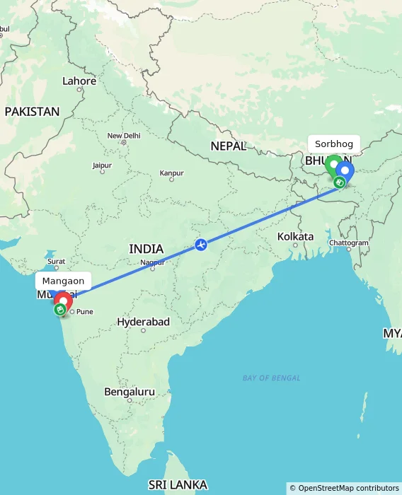 Route map showing distance and travel time from Sorbhog, India to Mangaon, India