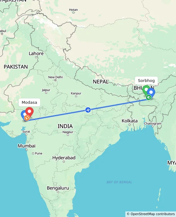 Route map showing distance and travel time from Sorbhog, India to Modasa, India