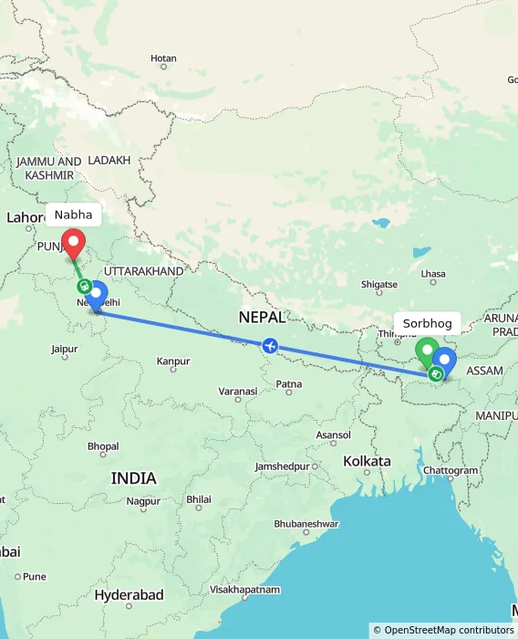 Route map showing distance and travel time from Sorbhog, India to Nabha, India