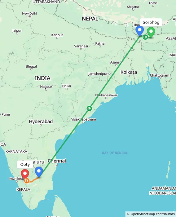 Route map showing distance and travel time from Sorbhog, India to Ooty, India