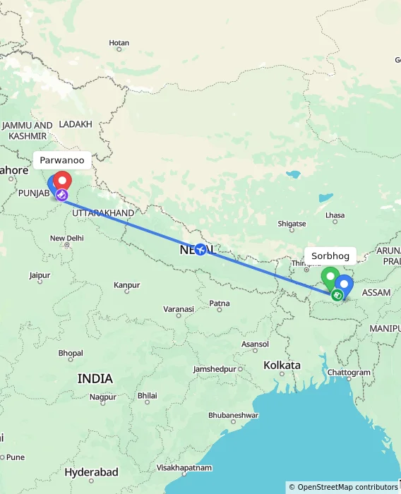 Route map showing distance and travel time from Sorbhog, India to Parwanoo, India