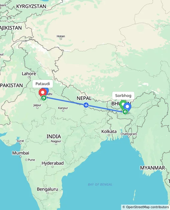 Route map showing distance and travel time from Sorbhog, India to Pataudi, India
