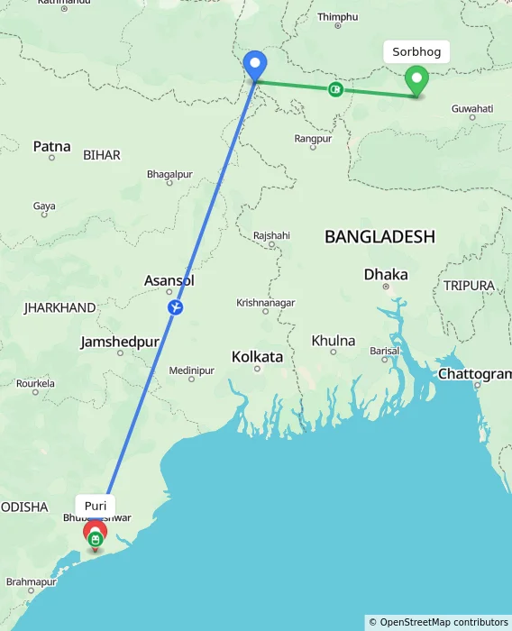 Route map showing distance and travel time from Sorbhog, India to Puri, India