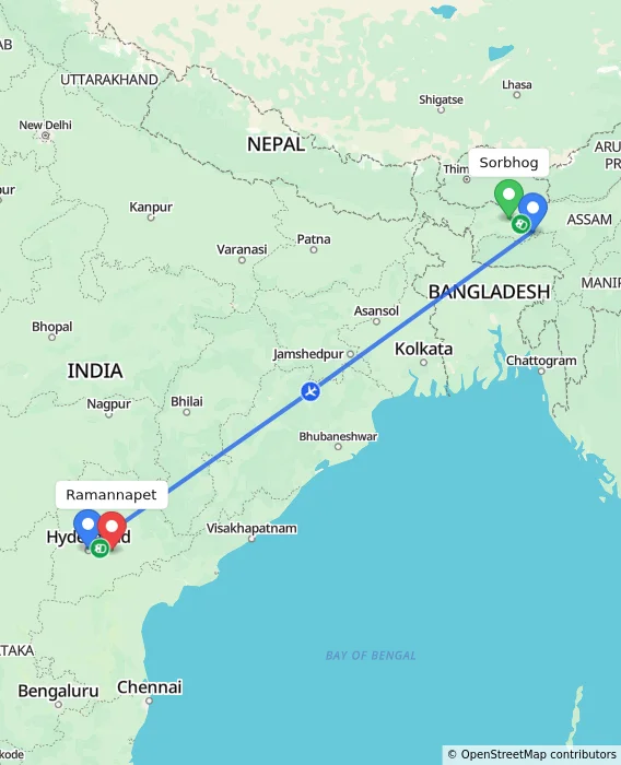 Route map showing distance and travel time from Sorbhog, India to Ramannapet, India