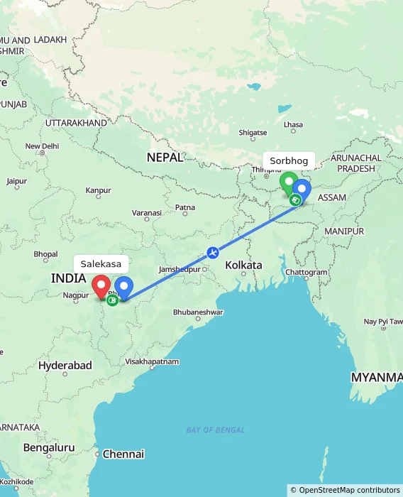 Route map showing distance and travel time from Sorbhog, India to Salekasa, India
