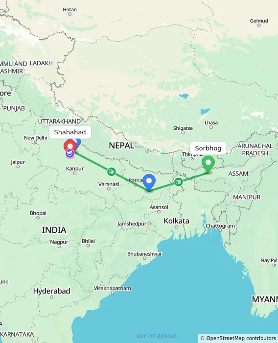 Route map showing distance and travel time from Sorbhog, India to Shahabad, India