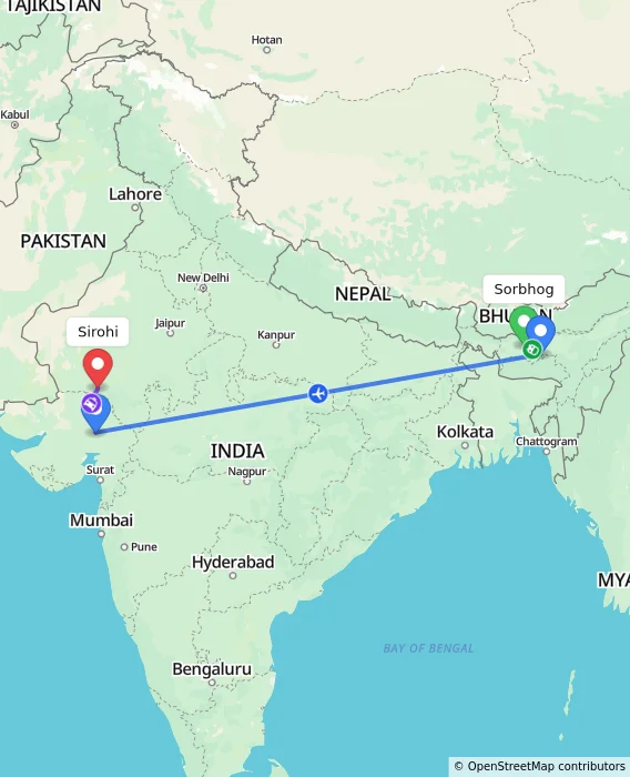 Route map showing distance and travel time from Sorbhog, India to Sirohi, India