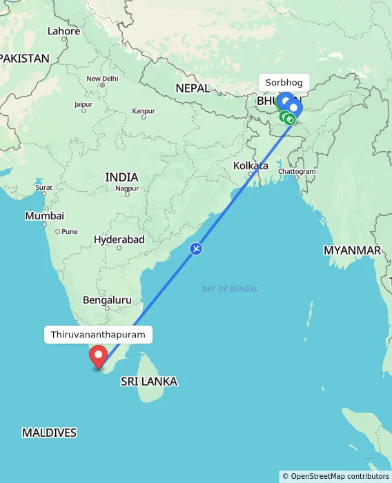 Route map showing distance and travel time from Sorbhog, India to Thiruvananthapuram, India