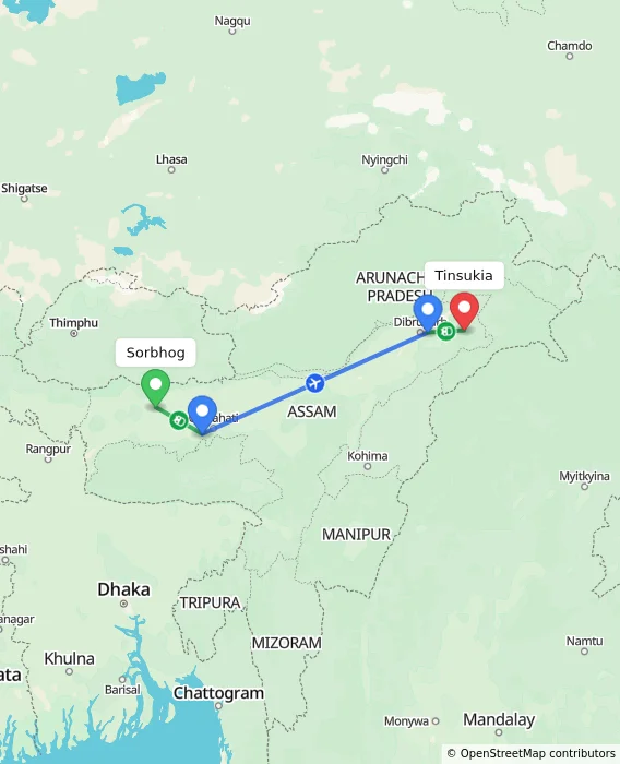 Route map showing distance and travel time from Sorbhog, India to Tinsukia, India