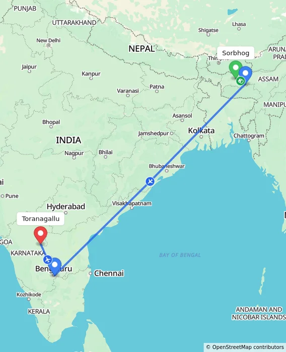 Route map showing distance and travel time from Sorbhog, India to Toranagallu, India
