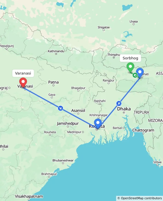 Route map showing distance and travel time from Sorbhog, India to Varanasi, India
