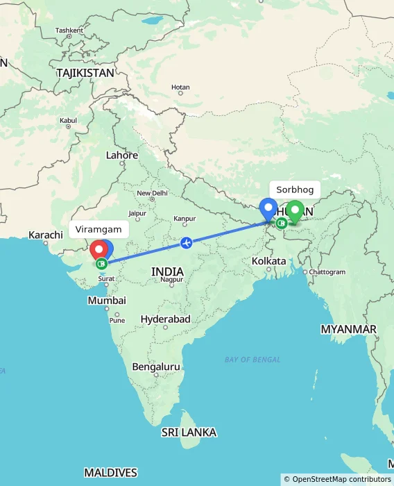 Route map showing distance and travel time from Sorbhog, India to Viramgam, India