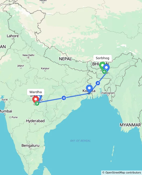 Route map showing distance and travel time from Sorbhog, India to Wardha, India