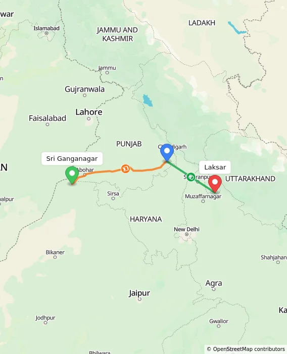 Route map showing distance and travel time from Sri Ganganagar, India to Laksar, India