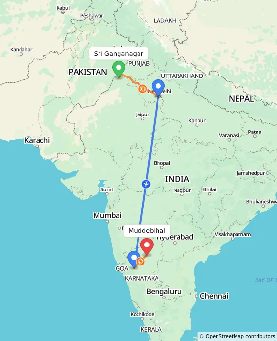 Route map showing distance and travel time from Sri Ganganagar, India to Muddebihal, India