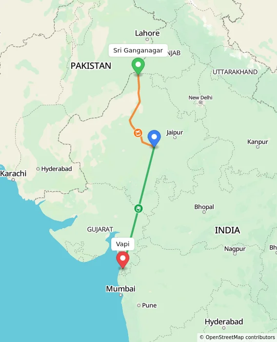 Route map showing distance and travel time from Sri Ganganagar, India to Vapi, India