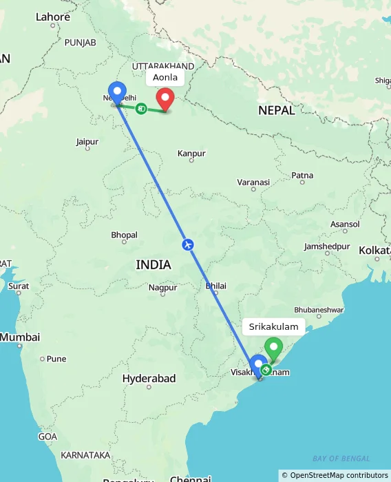 Route map showing distance and travel time from Srikakulam, India to Aonla, India