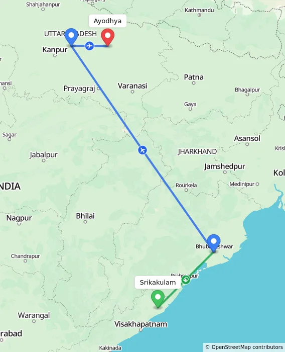 Route map showing distance and travel time from Srikakulam, India to Ayodhya, India