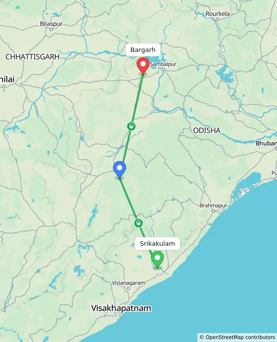Route map showing distance and travel time from Srikakulam, India to Bargarh, India