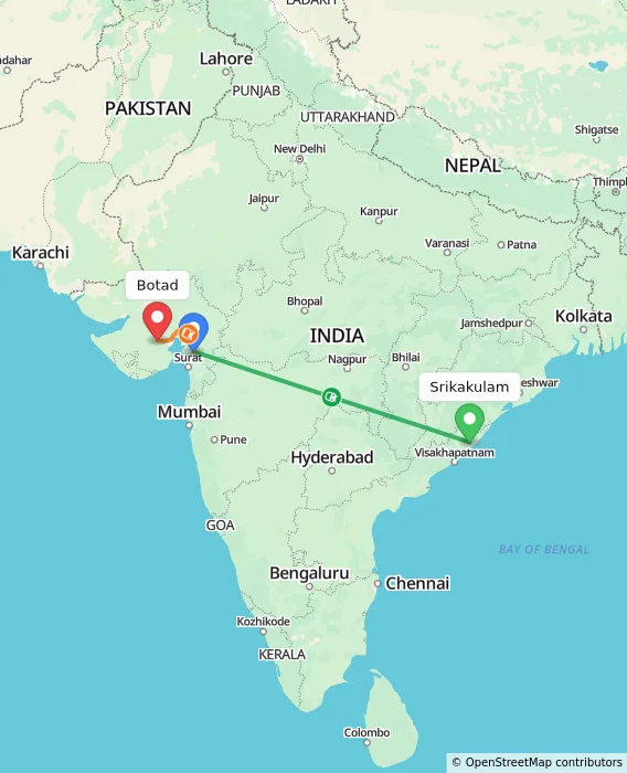 Route map showing distance and travel time from Srikakulam, India to Botad, India