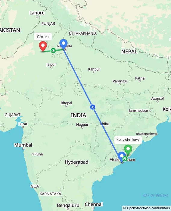 Route map showing distance and travel time from Srikakulam, India to Churu, India