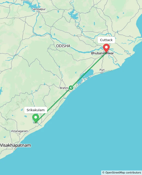 Route map showing distance and travel time from Srikakulam, India to Cuttack, India