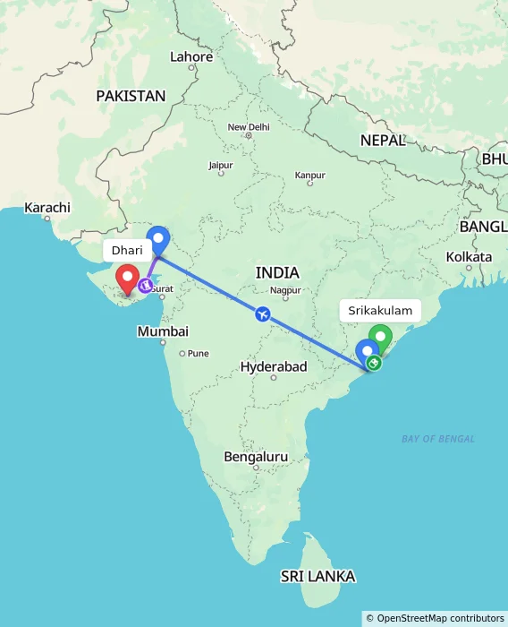 Route map showing distance and travel time from Srikakulam, India to Dhari, India