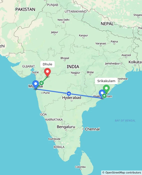 Route map showing distance and travel time from Srikakulam, India to Dhule, India