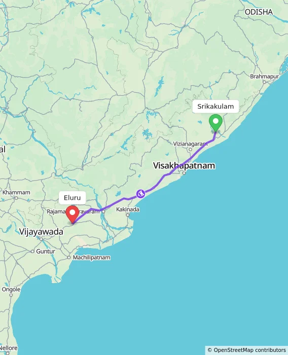 Route map showing distance and travel time from Srikakulam, India to Eluru, India