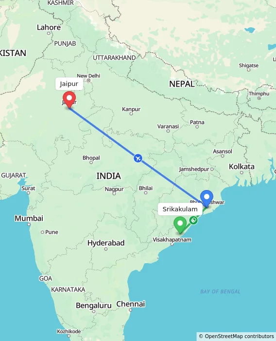 Route map showing distance and travel time from Srikakulam, India to Jaipur, India