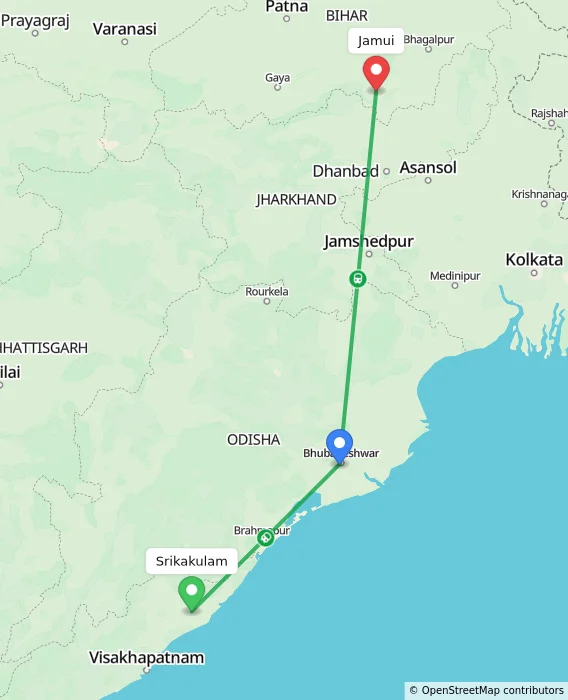 Route map showing distance and travel time from Srikakulam, India to Jamui, India