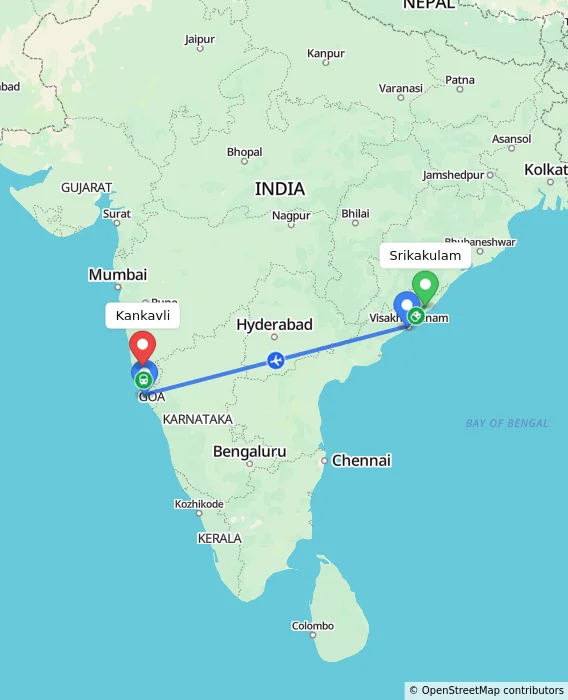 Route map showing distance and travel time from Srikakulam, India to Kankavli, India