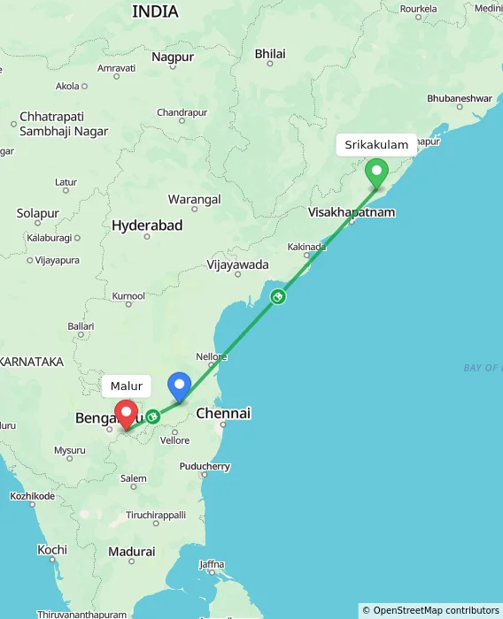 Route map showing distance and travel time from Srikakulam, India to Malur, India