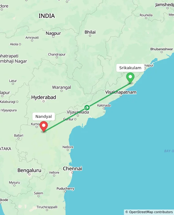 Route map showing distance and travel time from Srikakulam, India to Nandyal, India