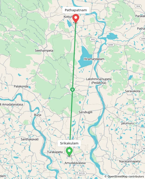 Route map showing distance and travel time from Srikakulam, India to Pathapatnam, India