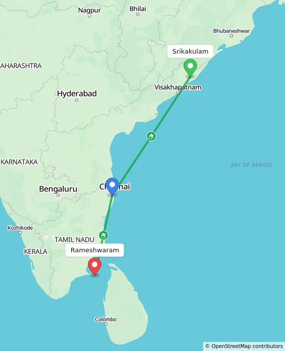 Route map showing distance and travel time from Srikakulam, India to Rameshwaram, India