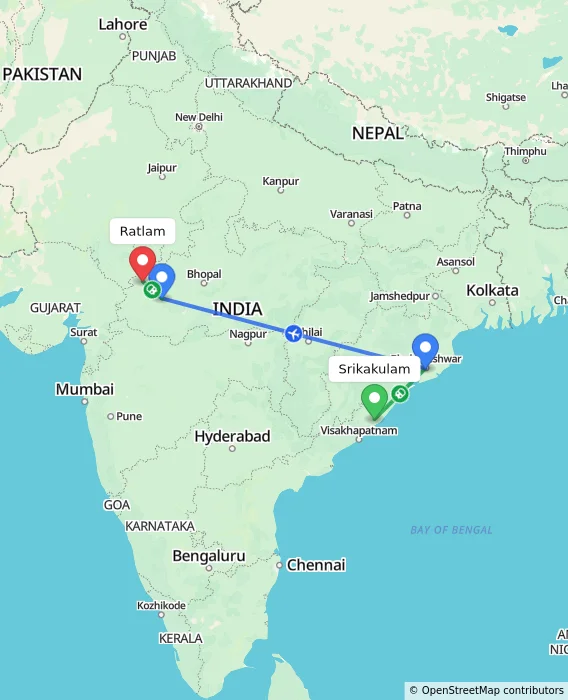 Route map showing distance and travel time from Srikakulam, India to Ratlam, India