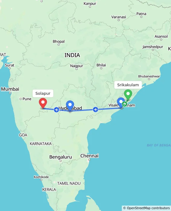 Route map showing distance and travel time from Srikakulam, India to Solapur, India