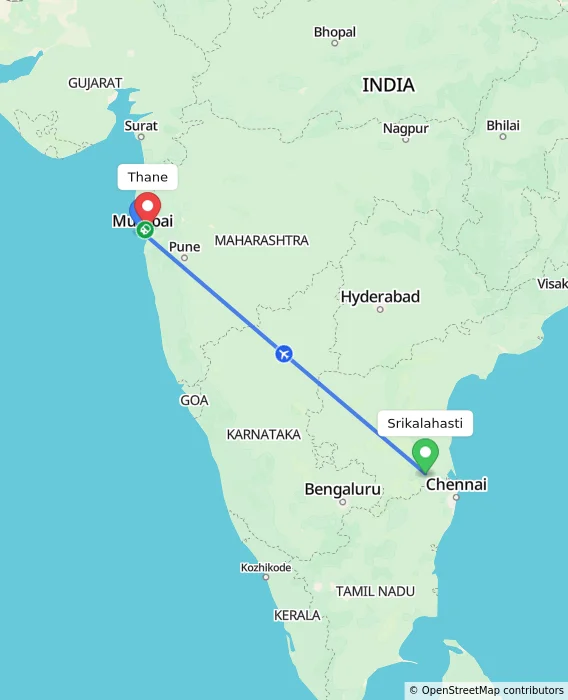 Route map showing distance and travel time from Srikalahasti, India to Thane, India