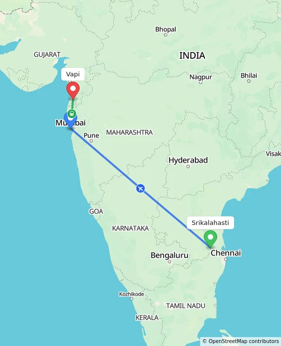 Route map showing distance and travel time from Srikalahasti, India to Vapi, India