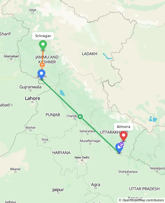 Route map showing distance and travel time from Srinagar, India to Almora, India