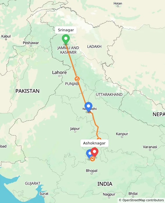 Route map showing distance and travel time from Srinagar, India to Ashoknagar, India