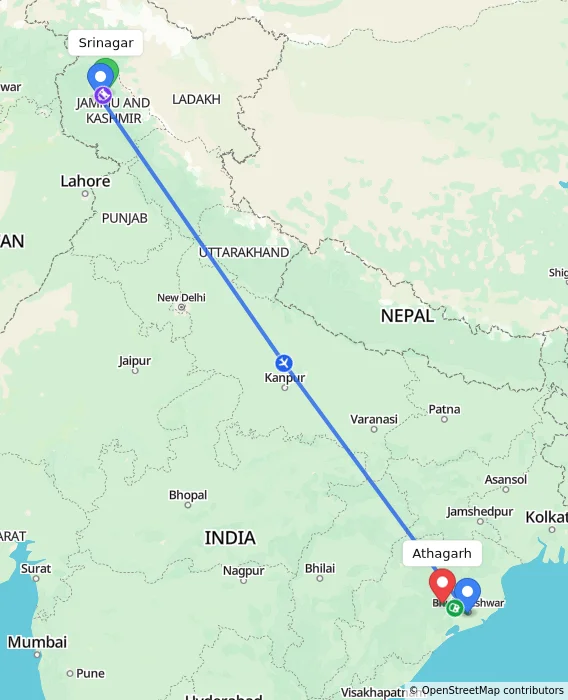 Route map showing distance and travel time from Srinagar, India to Athagarh, India