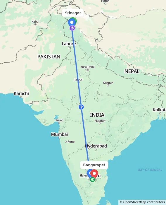 Route map showing distance and travel time from Srinagar, India to Bangarapet, India