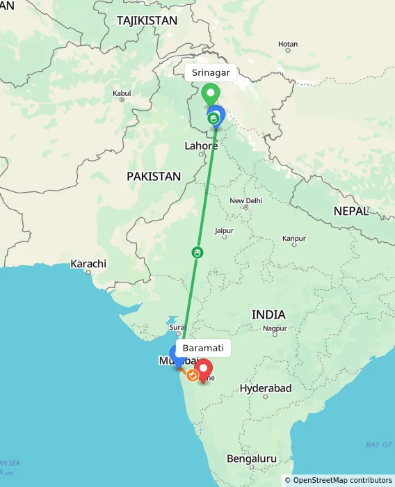 Route map showing distance and travel time from Srinagar, India to Baramati, India