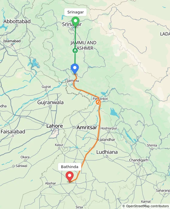 Route map showing distance and travel time from Srinagar, India to Bathinda, India