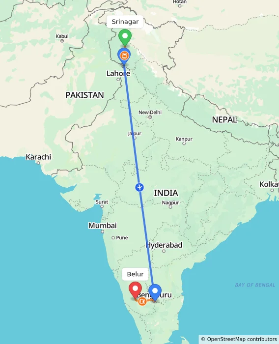 Route map showing distance and travel time from Srinagar, India to Belur, India