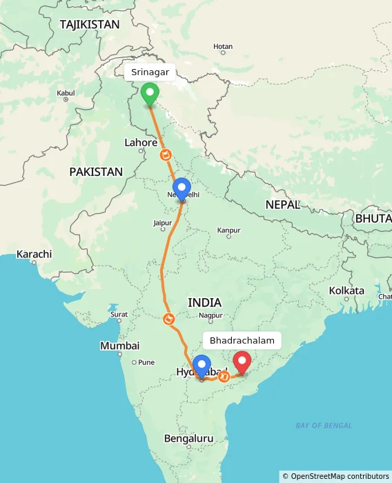 Route map showing distance and travel time from Srinagar, India to Bhadrachalam, India