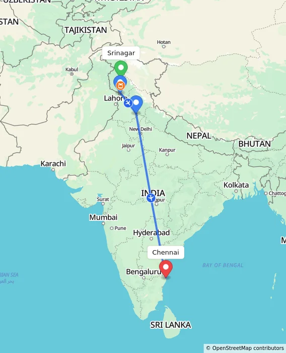 Route map showing distance and travel time from Srinagar, India to Chennai, India