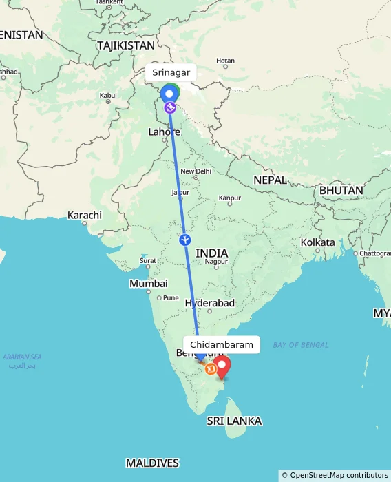 Route map showing distance and travel time from Srinagar, India to Chidambaram, India